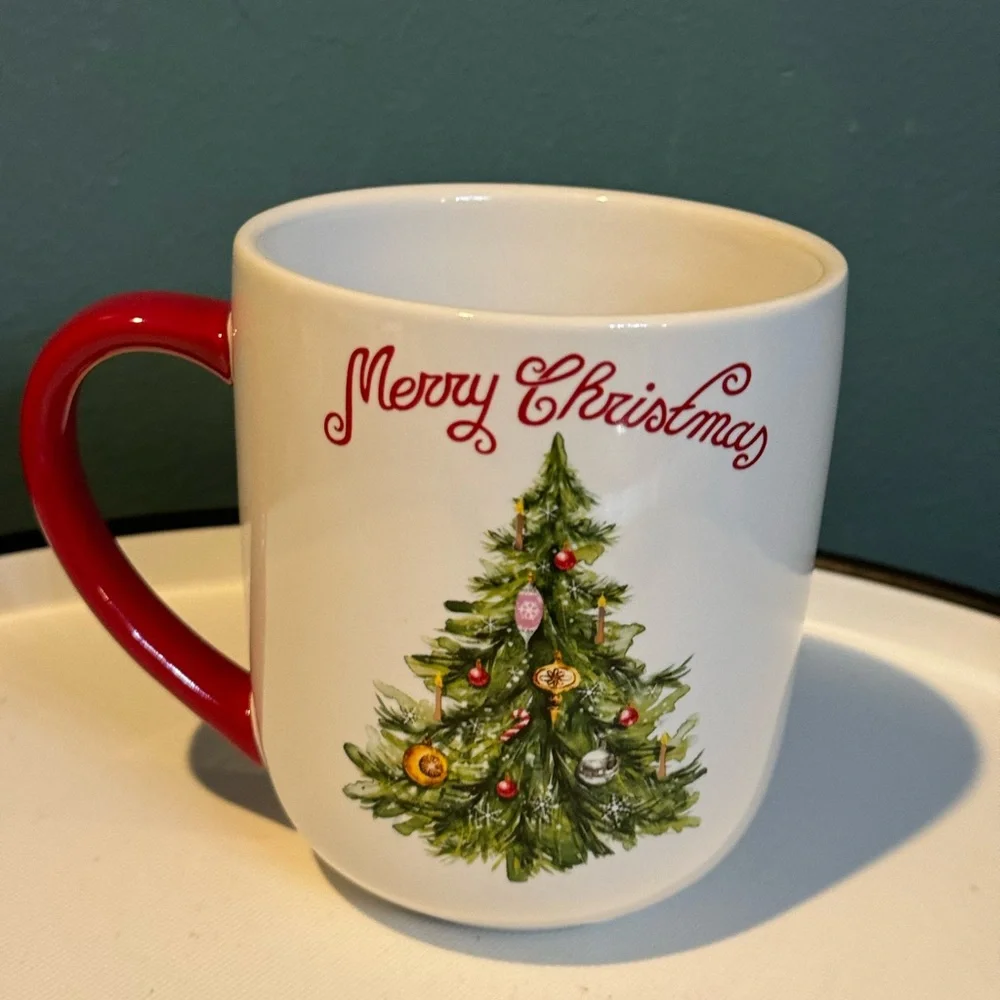 Sur La Table Merry Christmas Tree Mug with Red Handle